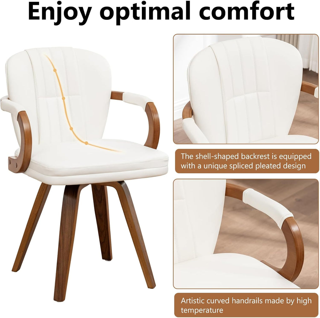 Swivel Dining Chairs Set of 4 Mid Century Modern White Faux Leather Upholstered Kitchen Chairs with Bentwood Frame Armrests Side Chairs,Comfortable Ergonomic Wood Accent Chair No Wheels