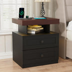 MHOM Farmhouse LED Nightstand Set of 2, Wood Bedroom Side Table with Charging Station, Rustic End Table with Drawers for Bedroom, Antique Black
