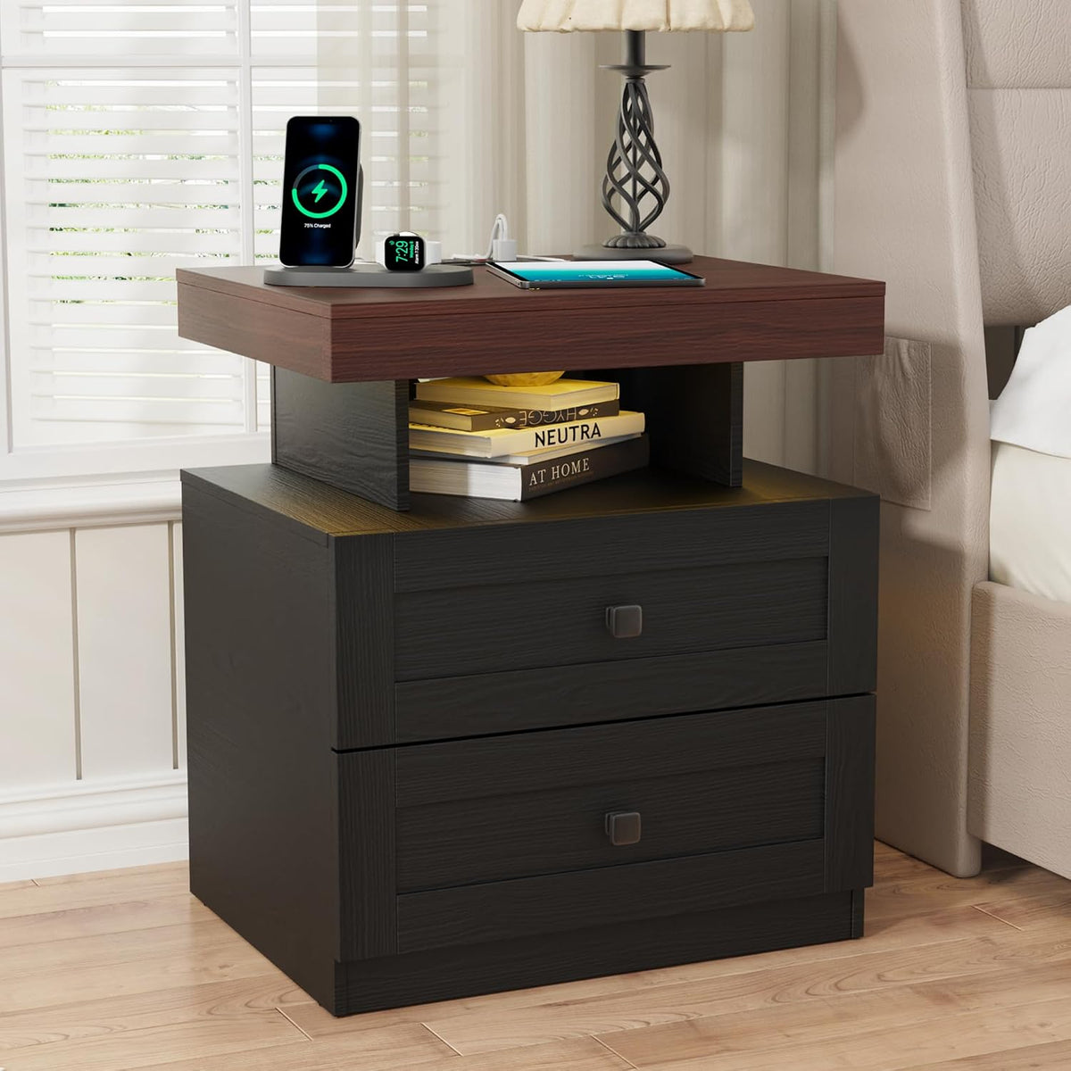 MHOM Farmhouse LED Nightstand Set of 2, Wood Bedroom Side Table with Charging Station, Rustic End Table with Drawers for Bedroom, Antique Black