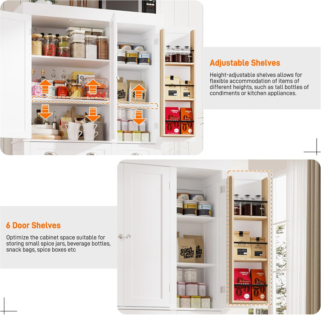 71" Tall Kitchen Cabinet Pantry Storage,Modern Kitchen Hutch Cabinet with Doors and Adjustable Shelves,Large Freestanding Food Pantry with 2 Drawer for Dining Room, Living Room, Hallway,White