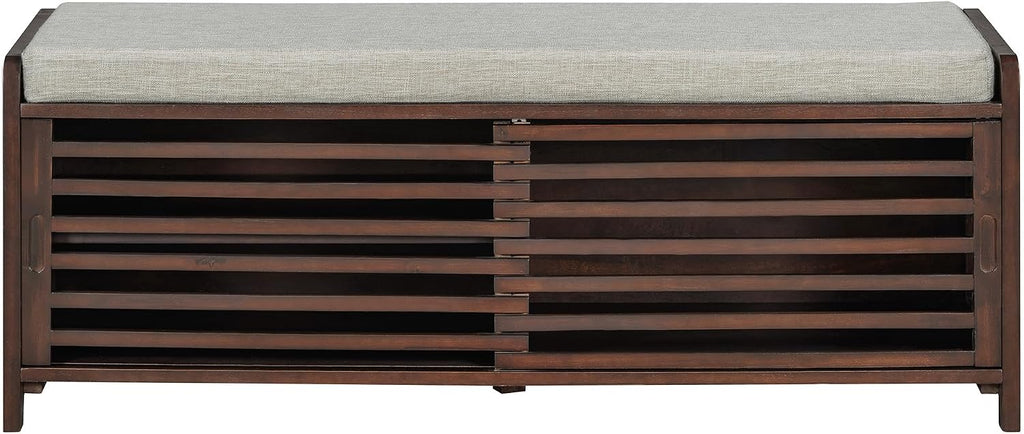 SOFTSEA Shoe Storage Bench with Cushion, 2-Tier Entryway Bench with Sliding Shutter Doors for Entryway, Bedroom, Living Room, Farmhouse Style, 43.3" W x 15.4" D x 16.5" H (Espresso)