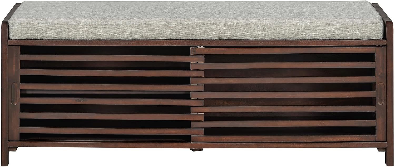 SOFTSEA Shoe Storage Bench with Cushion, 2-Tier Entryway Bench with Sliding Shutter Doors for Entryway, Bedroom, Living Room, Farmhouse Style, 43.3" W x 15.4" D x 16.5" H (Espresso)