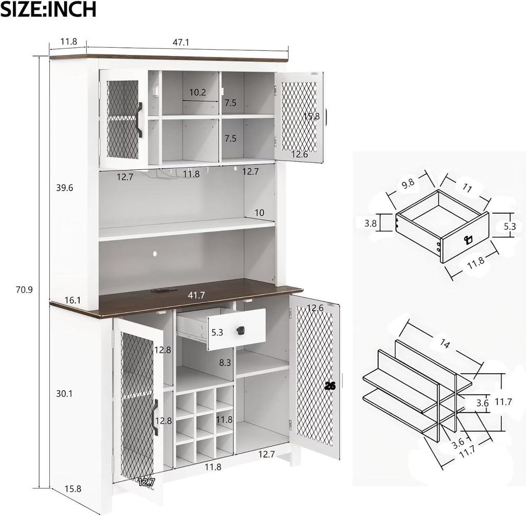 DRIXNO 70.9" White Kitchen Pantry Cabinet with RGB LED Lights & Charging Station, Farmhouse Buffet Hutch with Metal Mesh Doors, Wine Glass Rack & 9 Bottle Storage, Dining Room Cupboard Server