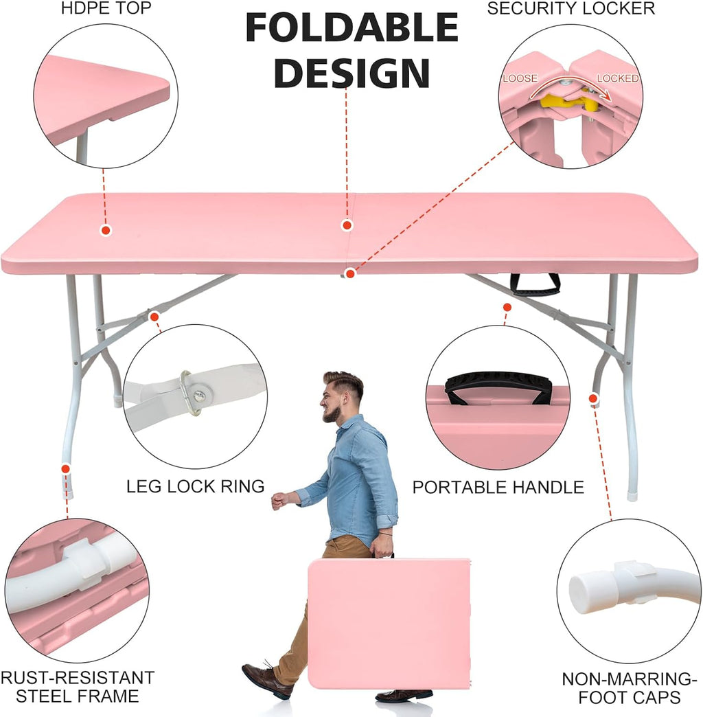 Portable 6Ft Plastic Folding Table, Heavy Duty 6ft Fold-in-Half Table with Carrying Handle, 6' Folding Utility Foldable Table for Picnic Party Camping Kitchen, Indoor/Outdoor (White)