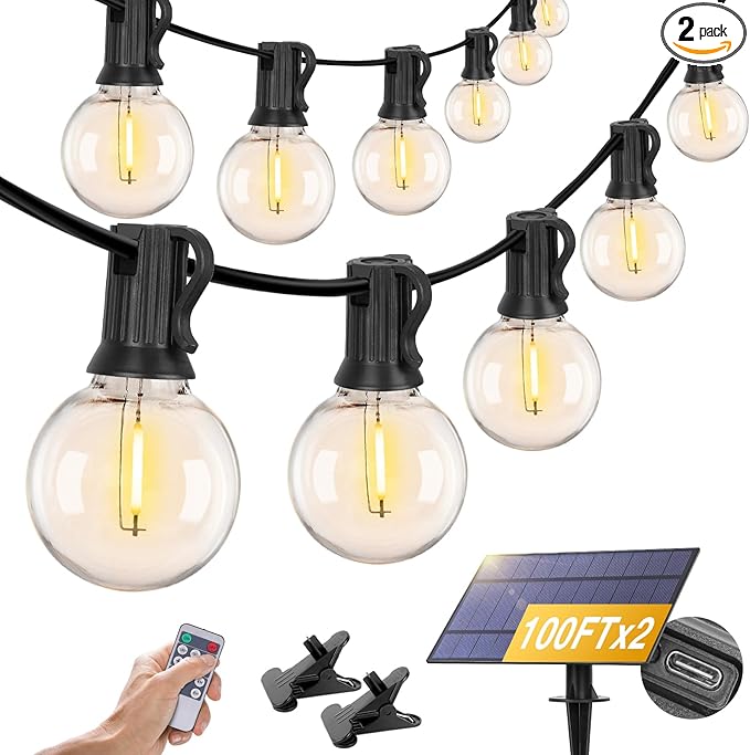 ZJOJO Solar Outdoor String Lights 200FT(100 * 2Pack) G40 Globe Patio Lights Outdoor String Lights Solar Powered with 100 Edison Glass Bulbs 2700K Shatterproof Hanging Lights for Porch Backyard Bistro