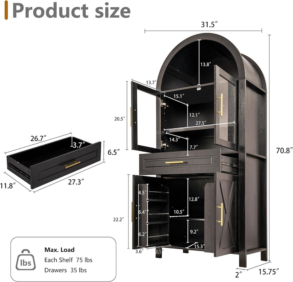 71" Tall Farmhouse Pantry Cabinet, Arched Glass Door Kitchen Storage Cabinet with Barn Door Design, Freestanding Buffet Cabinet with Adjustable Shelves for Kitchen,Living Room,Dining Room,Black