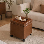 15 inch Square Storage Ottoman with Wheels and Tray Lid, Faux Leather Tufted Storage Cube Coffee Table, Movable Ottoman with Hidden Storage for Living Room, Bedroom