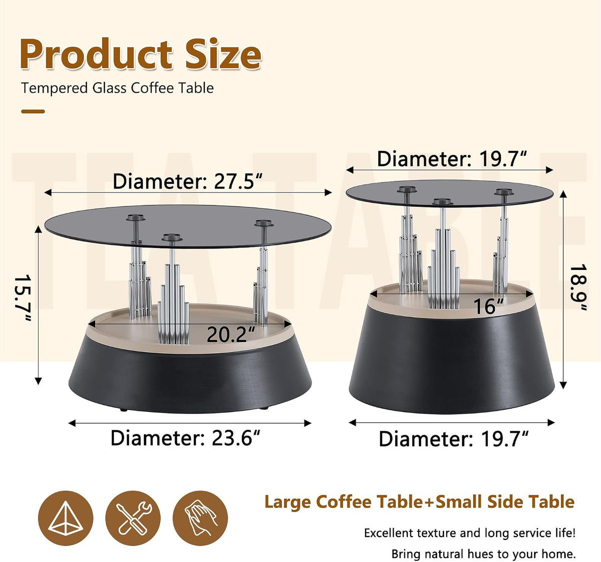 Nesting Coffee Table Set of 2, Modern Round Tempered Glass Center Table | Modern Tempered Glass Side Tea Table with Heavy Duty Metal Disc Base for Small Apartment Space Saving Furniture Décor, Black