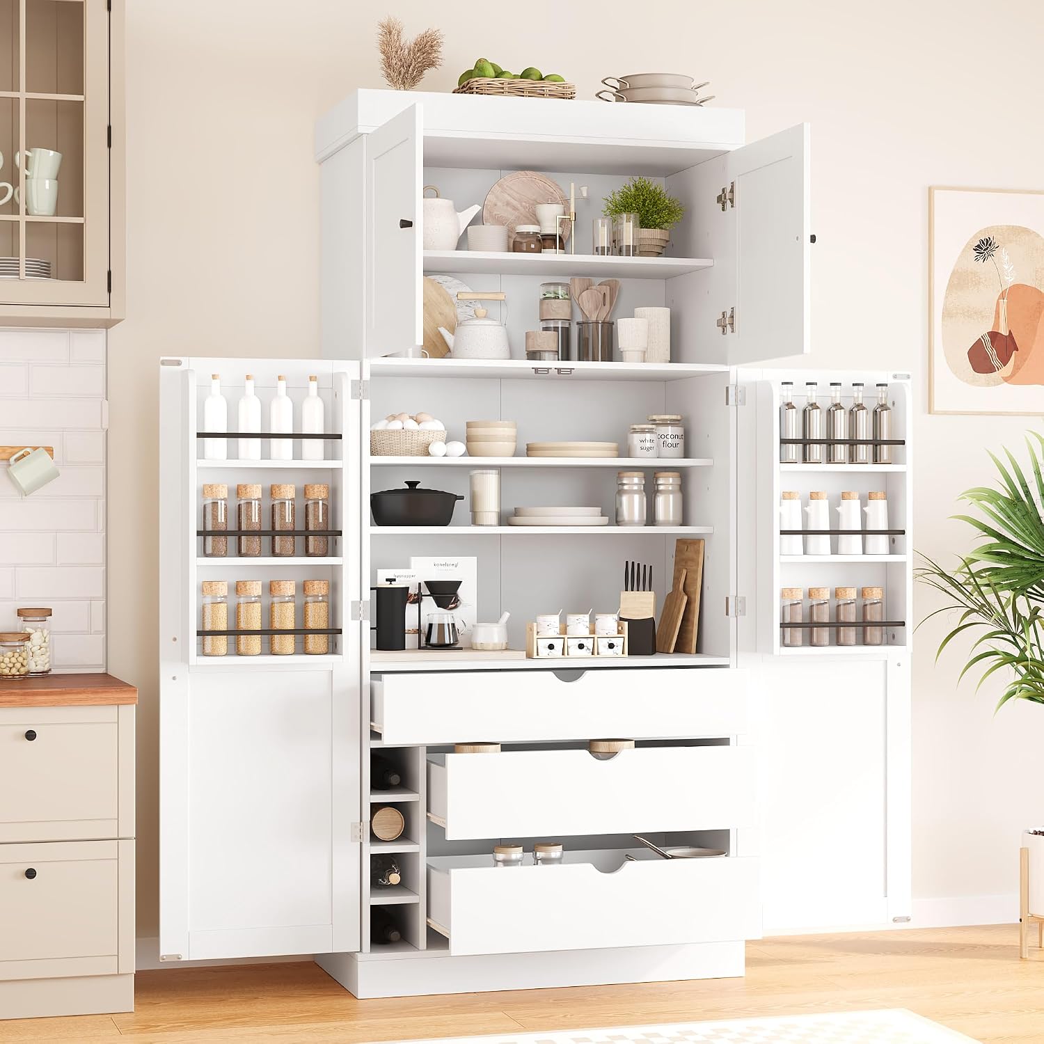 77'' Tall Freestanding Kitchen Pantry Cabinet, 35"L x 17.7"W Modern Shaker Style Cupboard with Adjustable Shelves, Wine Racks, Power Outlet & USB Ports, Anti-Tip Design, Easy Assembly (White)