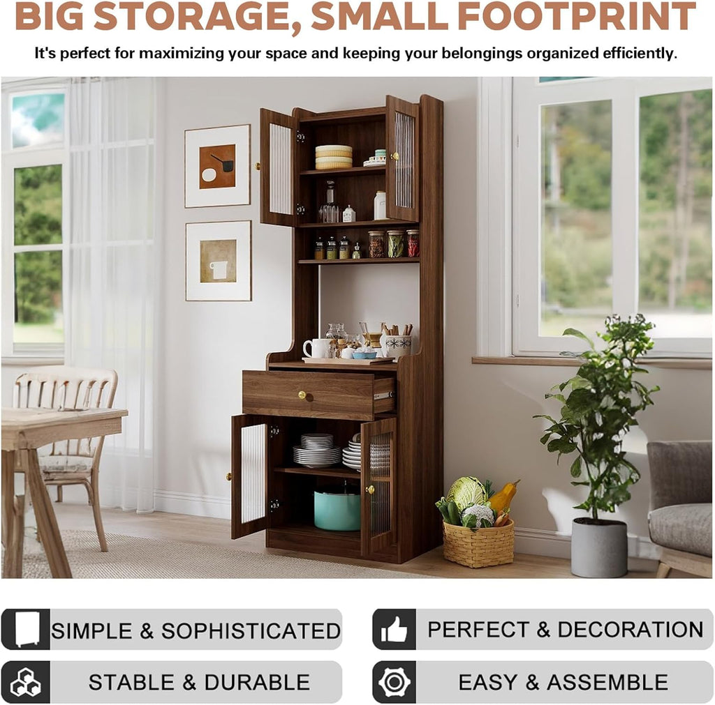 Anwick 71" Kitchen Hutch Pantry Cabinet, Farmhouse Coffee Bar Storage Cabinet with Microwave Stand, Adjustable Shelves, Freestanding Buffet Sideboard Cupboard w/Doors & Drawers