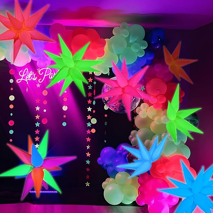 Mega-L Glow Glow in The Dark Party Supplies, 5 Pcs Neon Star Balloons Kit – Neon Foil Explosion & 12 pt Cone Balloons for Arches/Garlands. Perfect for Birthday, Wedding, Anniversary, Graduation Party