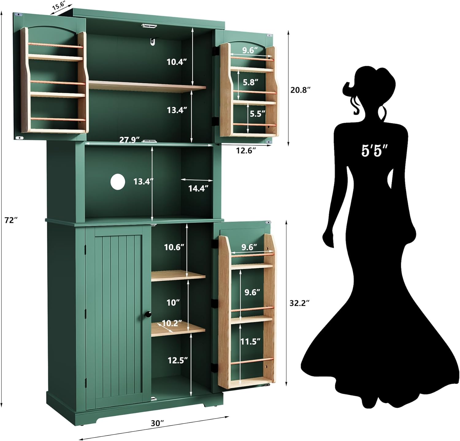 HLR 72" Kitchen Pantry Storage Cabinet with Open Countertop, Freestanding Larder Cupboard with Microwave Stand, Utility Laundry Room Storage Cabinet with Doors and Shelves for Dining Room, Living Room