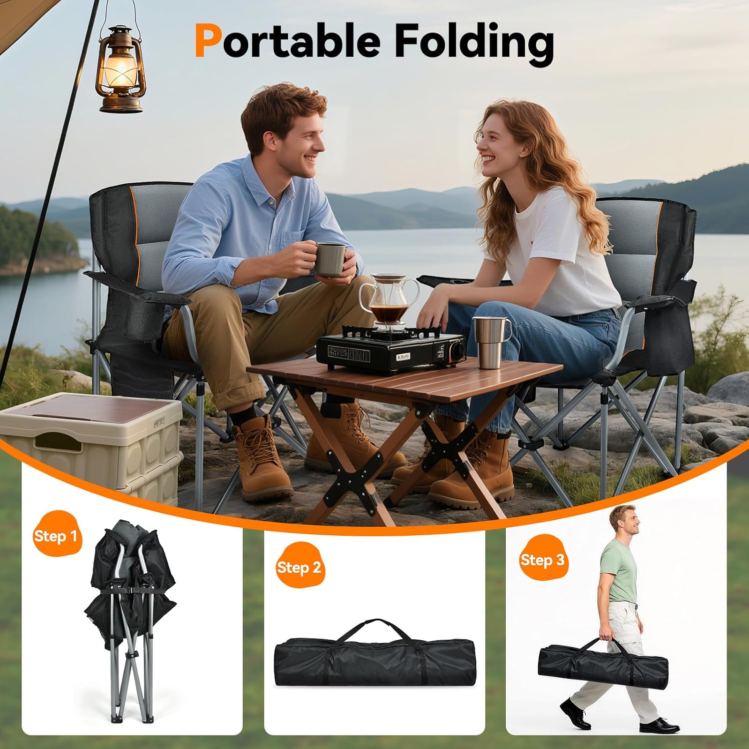 Camping Chairs, 2 Pack Oversized Heavy Duty Fully Padded Folding Chairs | with Cup Holder, Cooler Bag and Side Pocket, Support 400 LBS, Carry Bag Included, Versatile for Sports,Outdoors & Lawns