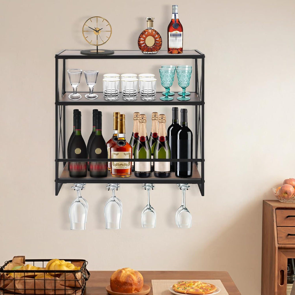 Gdrasuya10 Wall Mounted Wine Rack with Glass Holder Storage, Wine Bottle Display Wine Rack Shelf Stemware Rack Metal Wine Storage Rack Hanging Wine Shelf for Home Decor