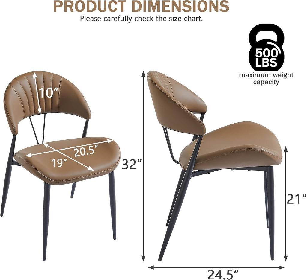 PU Leather Dining Chairs Set of 4, Mid Century Modern Dining Chairs with Stitching, Upholstered Kitchen & Dining Room Chairs with Curved Back and Black Metal Legs (Brown)