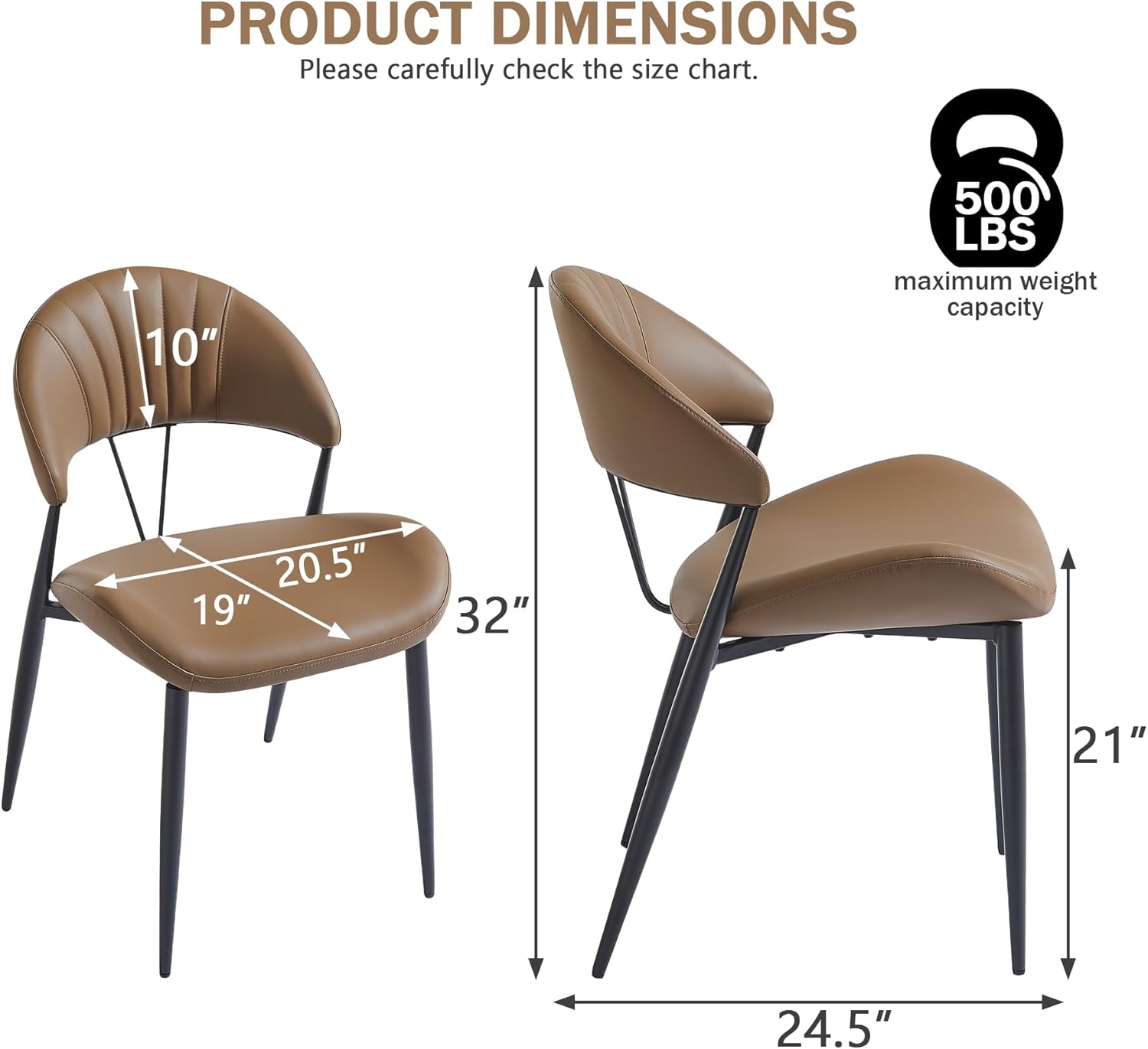 PU Leather Dining Chairs Set of 6, Mid Century Modern Dining Chairs with Stitching, Upholstered Kitchen & Dining Room Chairs with Curved Back and Black Metal Legs (Brown)