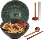 8 Inch Ceramic Ramen Bowl Set of 2, 40oz Japanese Bowls with Spoons & Chopsticks,Durable,Microwave & Dishwasher Safe,Perfect for Ramen,Pho,Salad,Soup,Noodles，Mixing bowls（Jade Green）