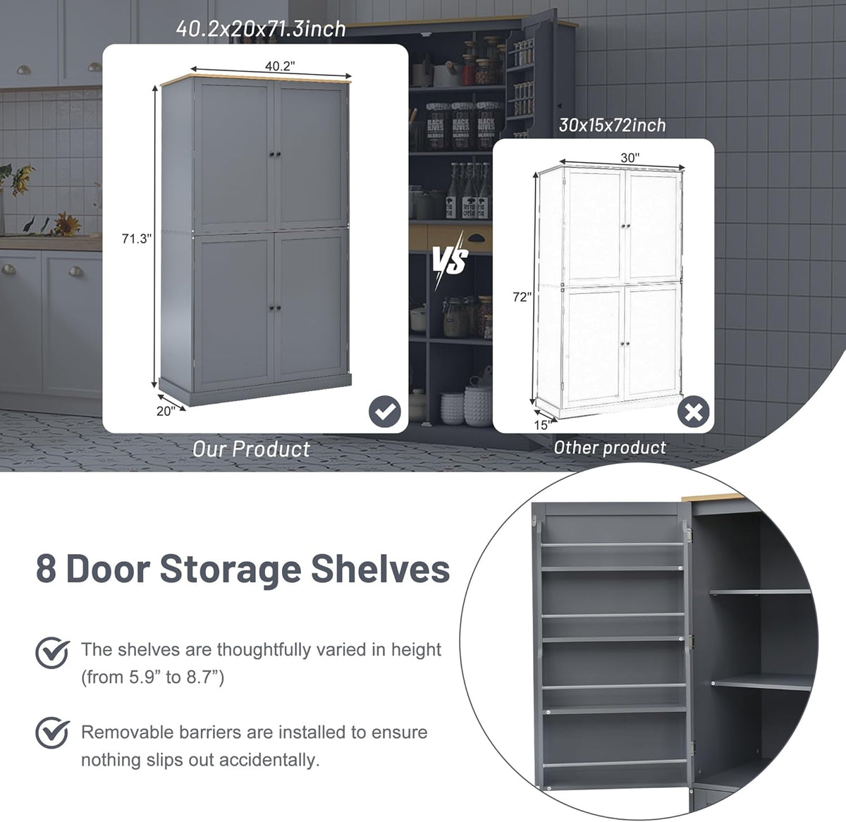 Linique 71.3" Kitchen Pantry with 2 Drawers, 2 Adjustable Shelves, 8 Door Racks, Large Wooden Cupboard, Freestanding Tall Cabinet for Kitchen Dining Room Grey