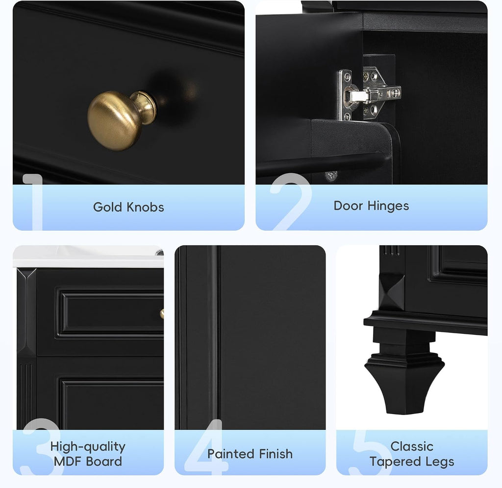 JIVOIT 24 Inch Bathroom Vanity with Ceramic Sink Top, Solid Wood & MDF Vanity Cabinet with Flip-Out Drawer, 3 Drawers & Storage Cabinet, Adjustable Shelf, Door-Mounted Storage Rack (Black-33)