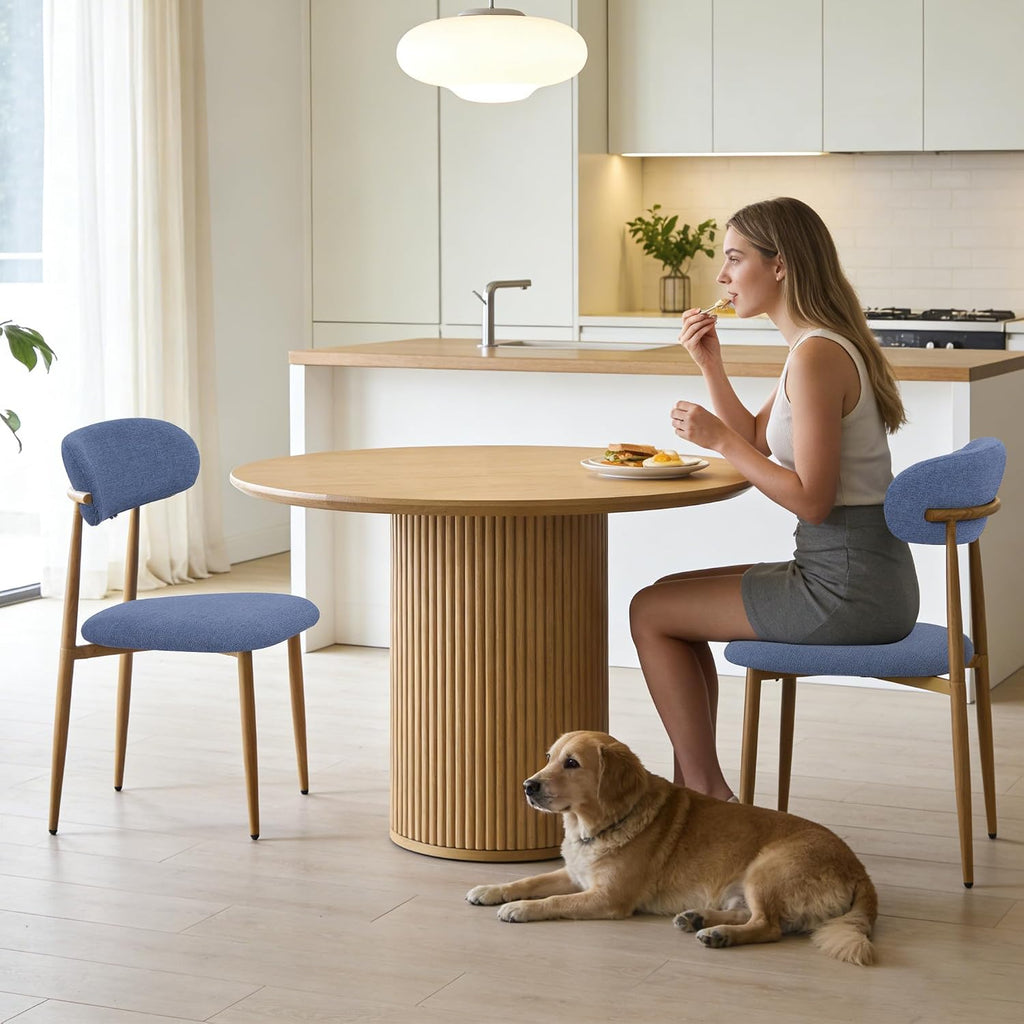 FREKEN Modern Upholstered Dining Chairs Set of 6, Mid-Century Metal Frame with Wood Grain, Linen Fabric Side Chair for Kitchen Dining Room, 350lbs Capacity, Blue