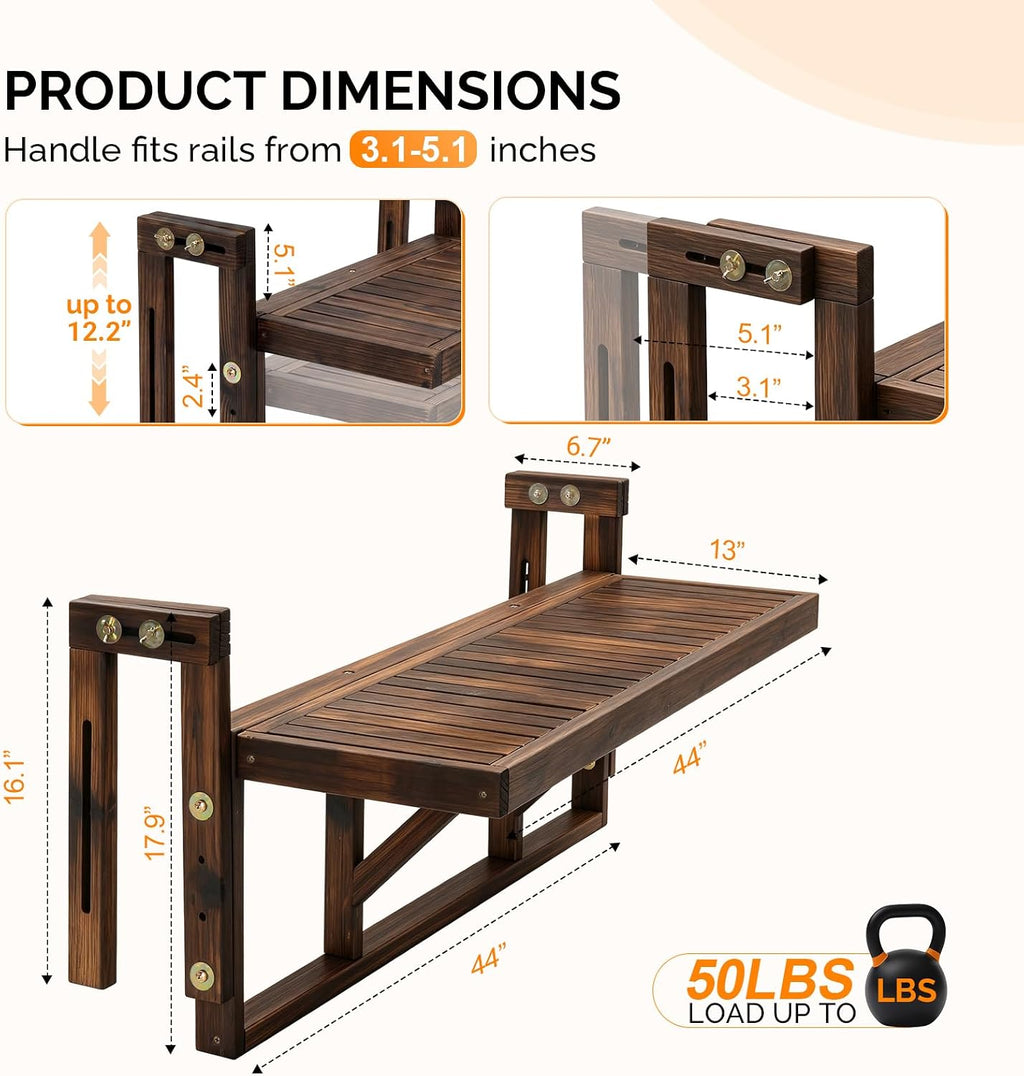 VINGLI 48in Acacia Wood Folding Balcony Hanging Table – Adjustable Height & Width, Balcony Railing Table Ideal for Different Railing Widths, Perfect for Balcony, Patio, Rectangular,Carbonized Color