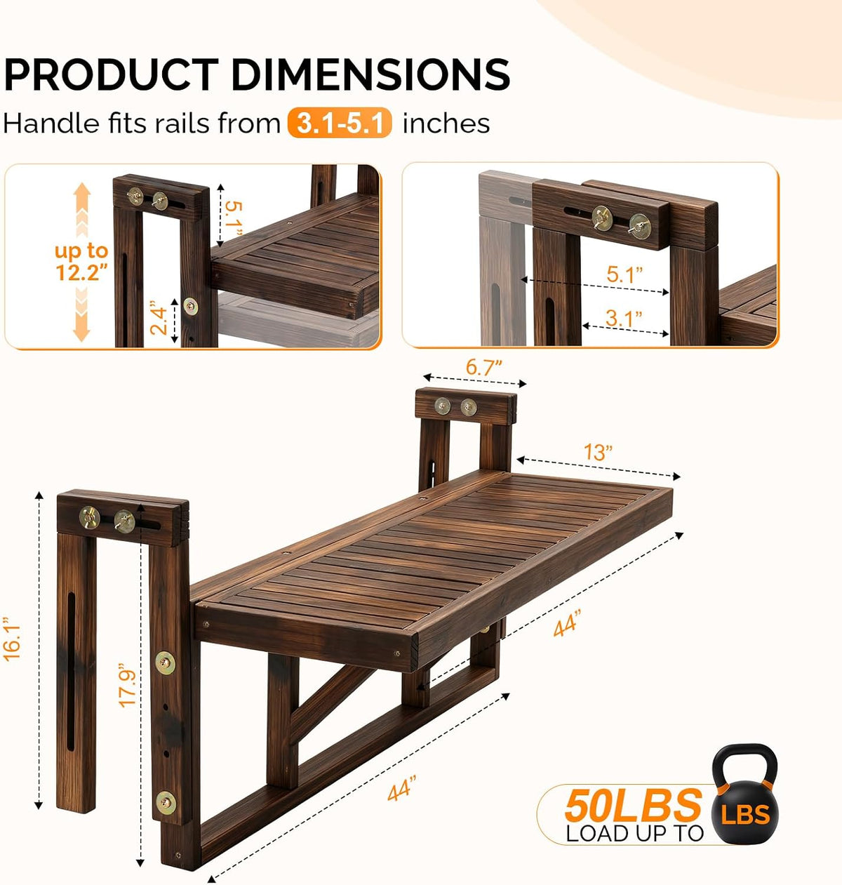 VINGLI 48in Acacia Wood Folding Balcony Hanging Table – Adjustable Height & Width, Balcony Railing Table Ideal for Different Railing Widths, Perfect for Balcony, Patio, Rectangular,Carbonized Color