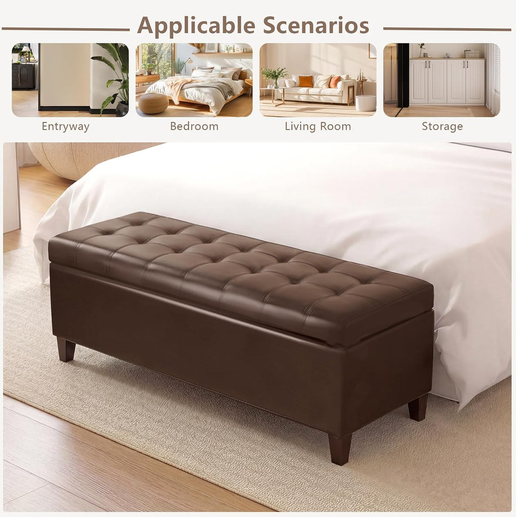 Joveco 51 Inch Storage Bench,Leather Tufted Storage Ottoman with Legs | Safety Hinges,Wooden Legs,Upholstered,End of Bed,Bedroom,Living Room,Entryway,330LBS,Brown