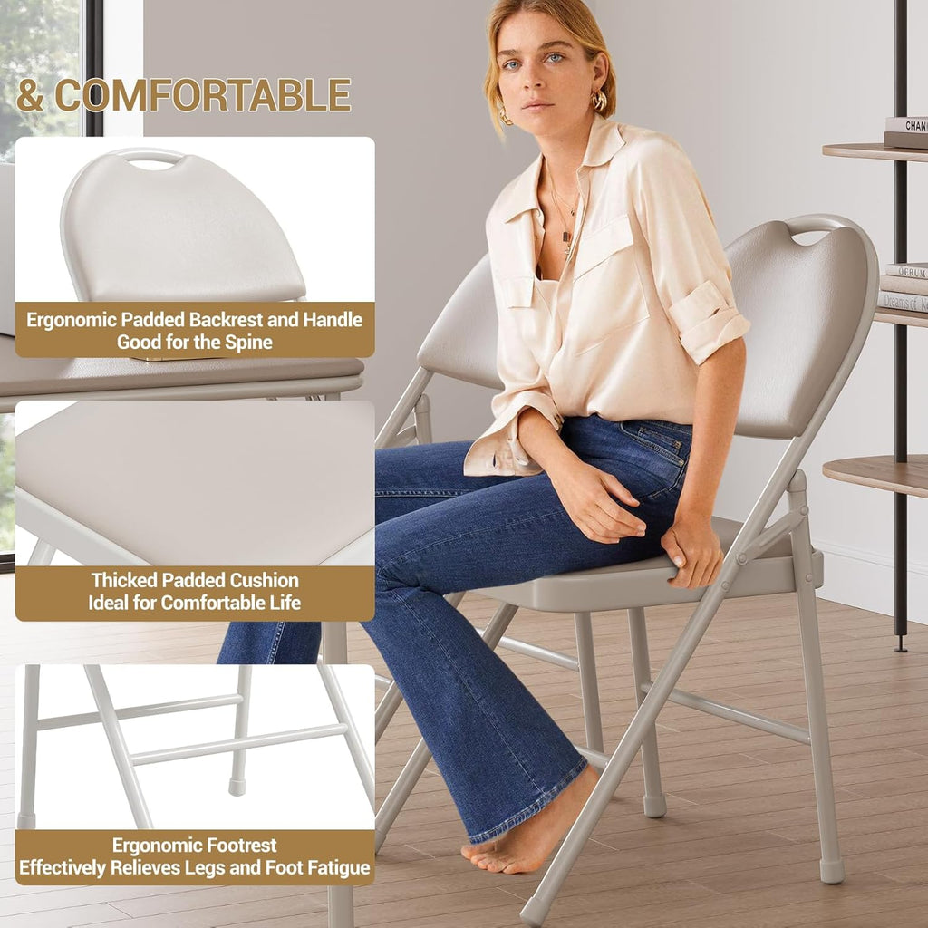 IDEALHOUSE 4 Pack Folding Chairs with PU Leather Padded Cushion, 350lbs Capacity, Lightweight Ergonomic Design, Metal Frame, Indoor Outdoor Portable Stackable Seats for Home Office Party Events, Beige