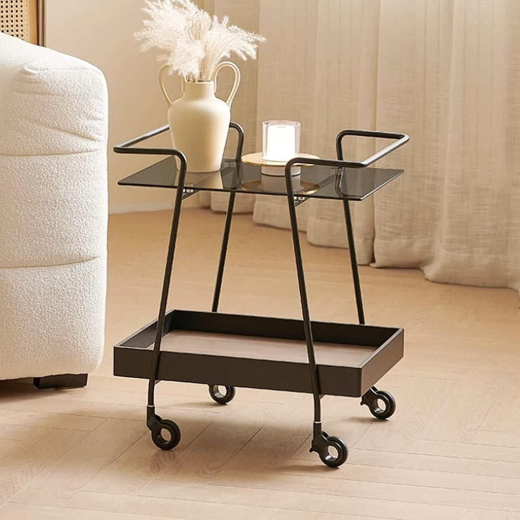 2 Tier Side Table with Wheels End Tables with Storage Shelf Storage Cart with Glass Top Small Coffee Table for Home Solid Construction