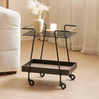 2 Tier Side Table with Wheels End Tables with Storage Shelf Storage Cart with Glass Top Small Coffee Table for Home Solid Construction