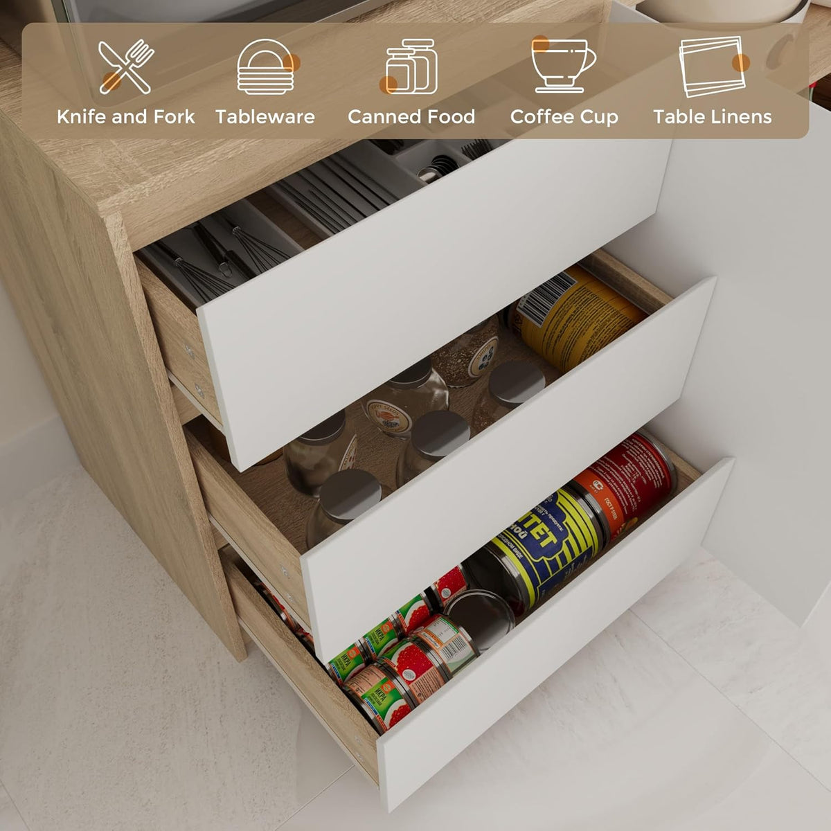 Bobve Large Kitchen Hutch Cabinet with Microwave Stand, Storage Cupboard Pantry with 3-Tier External Shelves and 3 Drawers, Ktichen Food Pantry with Open Countertop for Dining Room, White + Walnut