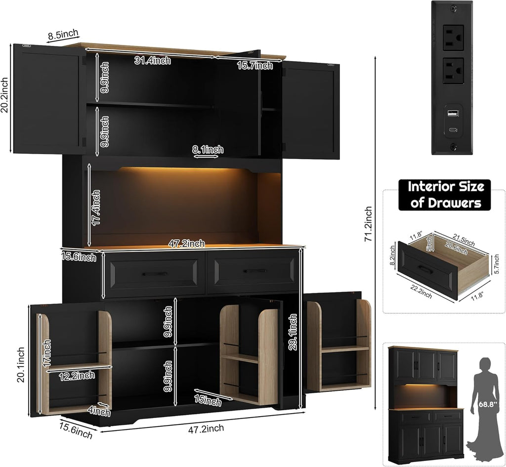 71" Tall 47" Wide Large Pantry Storage Cabinet w/ Power Outlet,LED Light,Farmhouse Kitchen Hutch Food Pantry Cabinet,2 Drawer,8 Doors Shelves,Open Countertop for Kitchens,Dining Room,Black