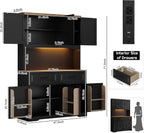 71" Tall 47" Wide Large Pantry Storage Cabinet w/ Power Outlet,LED Light,Farmhouse Kitchen Hutch Food Pantry Cabinet,2 Drawer,8 Doors Shelves,Open Countertop for Kitchens,Dining Room,Black