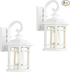 Emliviar 2 Pack Farmhouse Exterior Lights for House, 1-Light Modern Outdoor Wall Lights with Seeded Glass, White Finish, 2084B-2WH