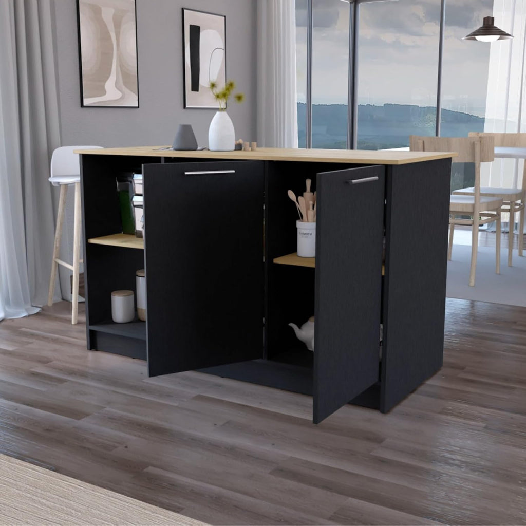 Hassyee Fashionable and Minimalist Style Fixed Kitchen Island, Equipped with Spacious Countertops, Two Open Storage Shelves, Double Door Design, Suitable for Kitchen Use (Black+Natural)