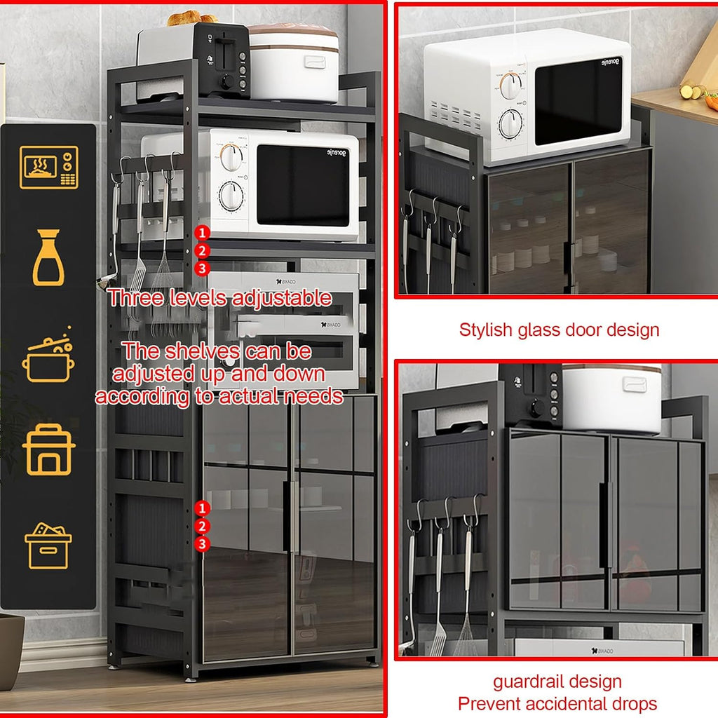Kitchen Storage Cabinet with Adjustable Shelves Glass Door and Microw Stand Freestanding Cupboard for Dining Room Living Room and Study Room Oven Rack and Bakers Rack Modern Storage Solution