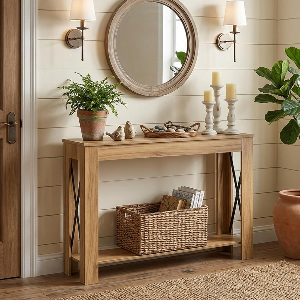 YATINEY Farmhouse Console Table, 39.4'' Small Narrow Entryway Table, Wood Couch Table Behind Sofa with Storage Shelf, Slim Farmhouse Hallway Table for Living Room, Hallway, Foyer, Light Walnut CT34VV
