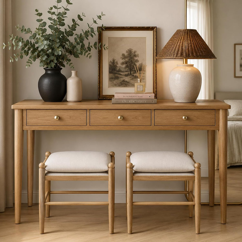 Kmax Ottoman Bench, 19 Inch Tall Vanity Chairs No Wheels, Upholstered Ktichen Chairs Backless Farmhouse Wooden Side Chairs for Dining Room, Extra Seating for Living Room - Linen, Beige