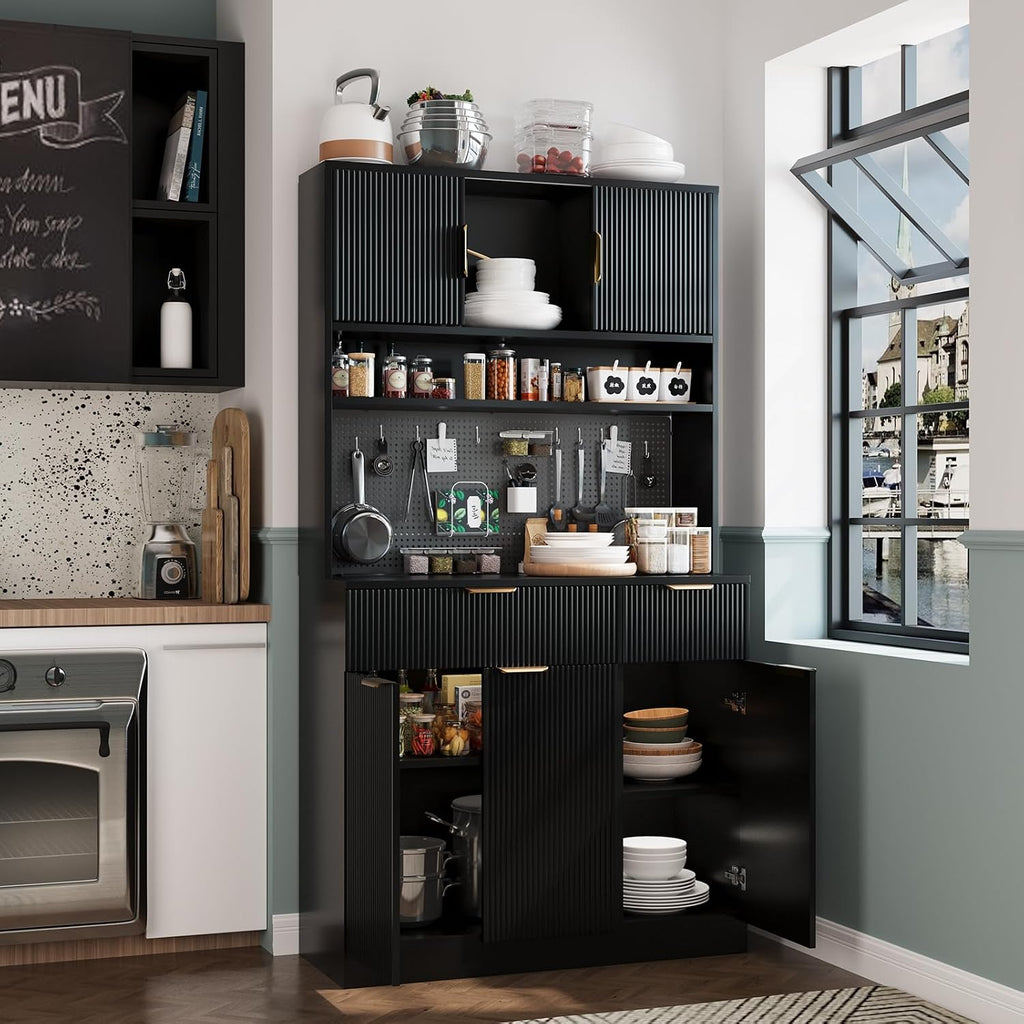 Kitchen Pantry Cabinet with Storage & Pegboard, 71" Tall Hutch Storage Cabinet with Power Outlets, Freestanding Food Pantry with Microwave Stand Spice Rack for Dining Room - Black