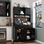 Kitchen Pantry Cabinet with Storage & Pegboard, 71" Tall Hutch Storage Cabinet with Power Outlets, Freestanding Food Pantry with Microwave Stand Spice Rack for Dining Room - Black