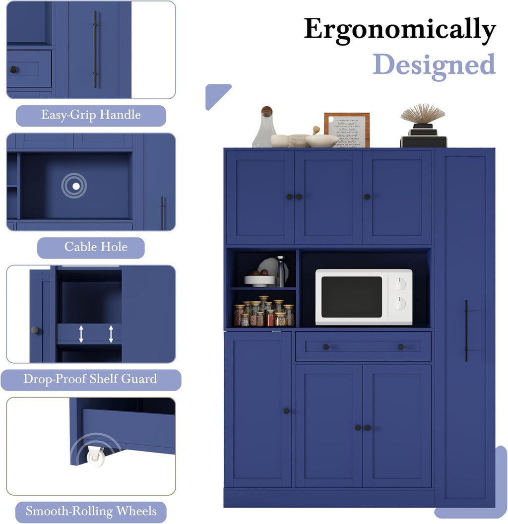 LUMISOL 70" Farmhouse Kitchen Pantry Storage Cabinet with Pull-Out Shelf, Wood Hutch Cabinet with Door Shelves and Drawer, Freestanding Food Hutch with Microwave Stand, Blue