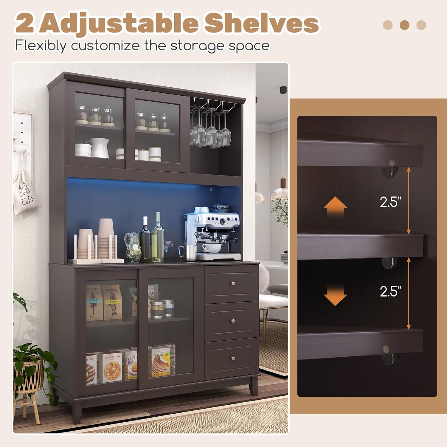 73” Kitchen Pantry Storage Cabinet, Buffet Hutch w/Power Outlets & Led Lights, Tall Cupboard w/Wine Glass Racks, Adjustable Shelves, Drawers, Microwave Stand for Dining Room (Espresso)