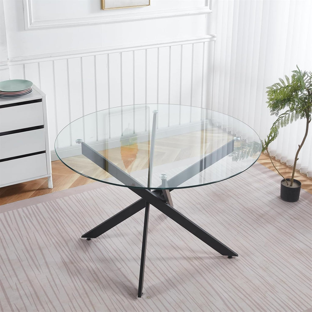 Henf 47.24" Round Dining Table with Black Metal Legs, Glass Kitchen Table for 4-6 People, Round Glass Dining Room Table for Small Space, Easy Assembly Circular Side Desk