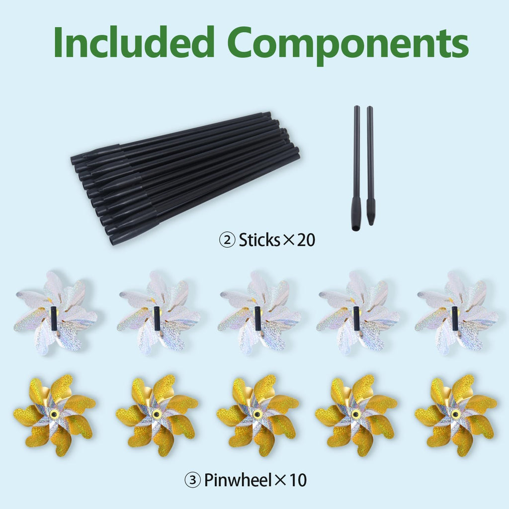 10 Pack Reflective Pinwheels with Stakes, 19.7 inch Gold & Silver Pre-Assembled Sparkle Pin Wheel for Scare Birds and Unwelcome Animals Away Form Yard, Garden, Lawn