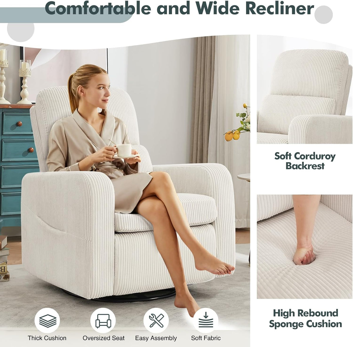 Swivel Rocker Recliner, Oversized Manual Nursery Glider Rocking Recliner Chair with Removable Cushion, Upholstered Corduroy Swivel Reclining Chair for Nursery Living Room Bedroom, Cream White