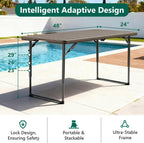 Folding Table 4ft - Heavy Duty Fold-in-Half Plastic Table with Adjustable Height, Portable Utility Tables with Steel Legs for Indoor, Outdoor, Picnic, Camping, Dining, Party (Khaki)