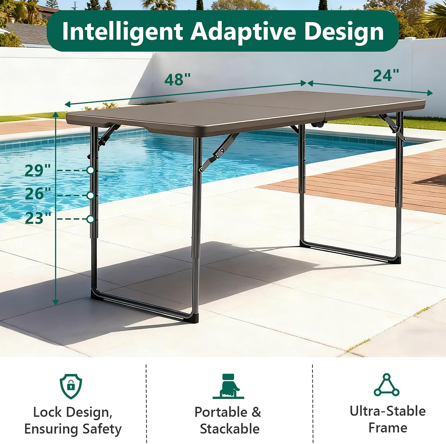 Folding Table 4ft - Heavy Duty Fold-in-Half Plastic Table with Adjustable Height, Portable Utility Tables with Steel Legs for Indoor, Outdoor, Picnic, Camping, Dining, Party (Khaki)