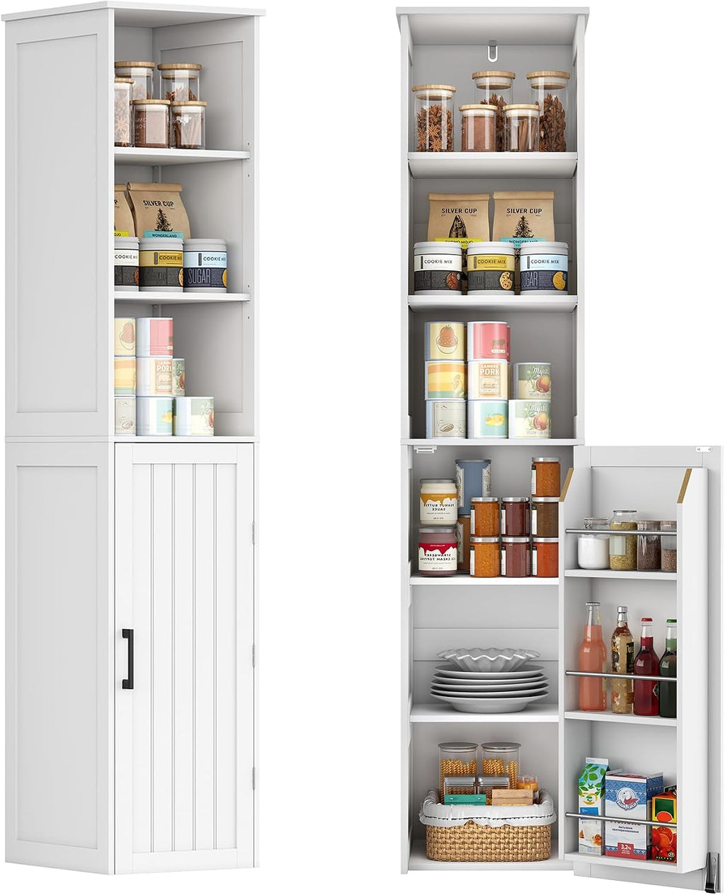 ChooChoo Narrow Kitchen Pantry Storage Cabinet, Slim Storage Cabinet with Adjustable Shelves and Open Shelves, Tall Freestanding Pantry Cabinet for Small Spaces, Kitchen, Dining Room, Bathroom, White