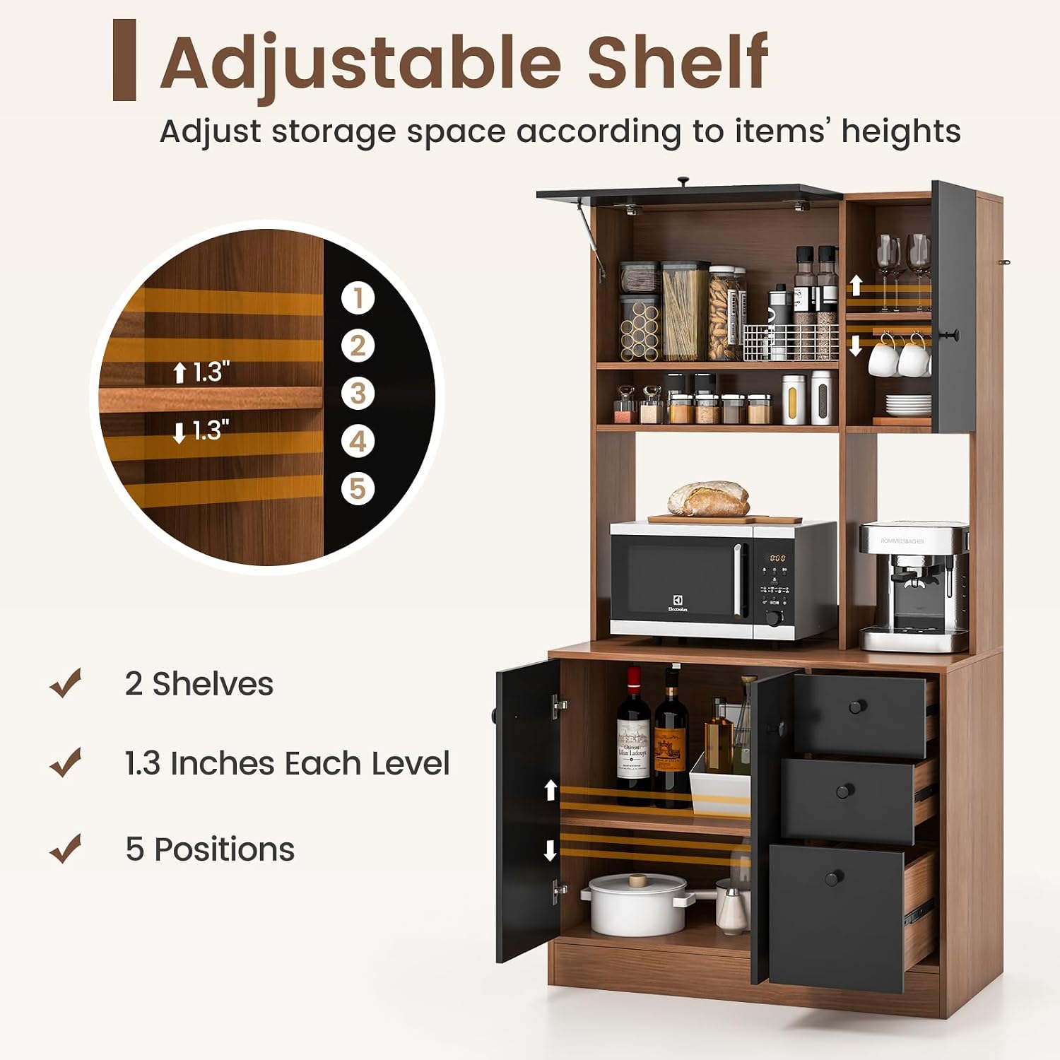 PETSITE Kitchen Buffet Hutch Storage Cabinet, 71" Freestanding Pantry with 3 Cabinets & Drawers, Adjustable Shelves, Microwave Cupboard for Living Room, Dining Room