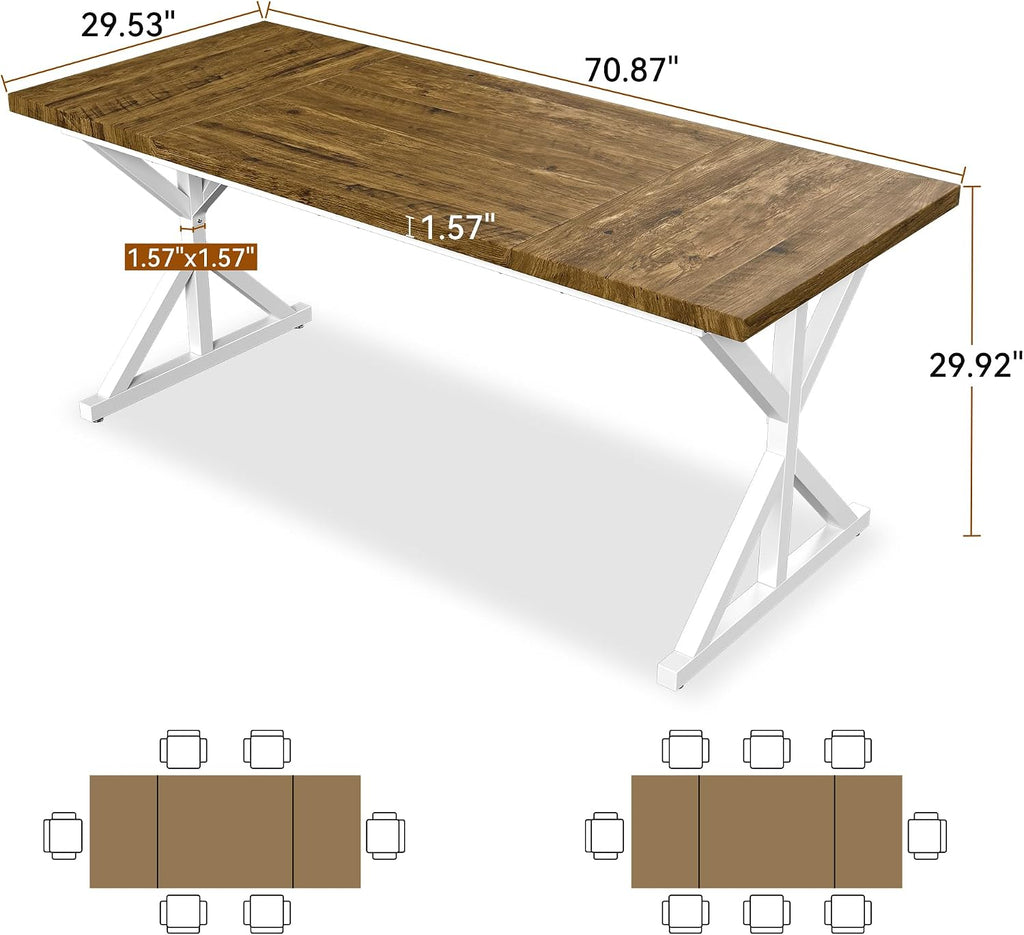 70.8 Inch Rectangular Dining Table for 6-8 People, Farmhouse Kitchen Table with Metal Base & Solid Wood Top, Easy Assembly, Water-Resistant, for Dining Room & Kitchen, Natural & White